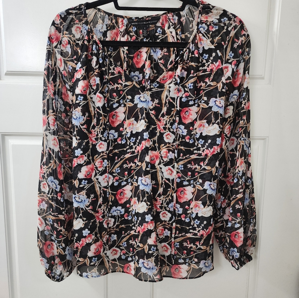 White House Black Market L/S Sheer Dbl Layer (No Cami Nec) V Neck Bls - SZ 2